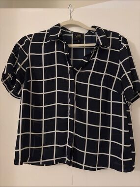 W5 Navy and White Windowpane Short Sleeve Button-Down Top